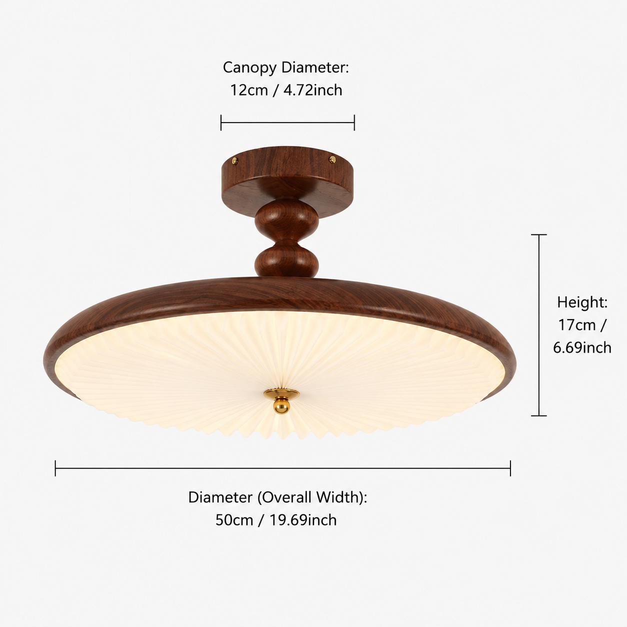dimension chart with canopy and shade measurements for walnut pleated ceiling light