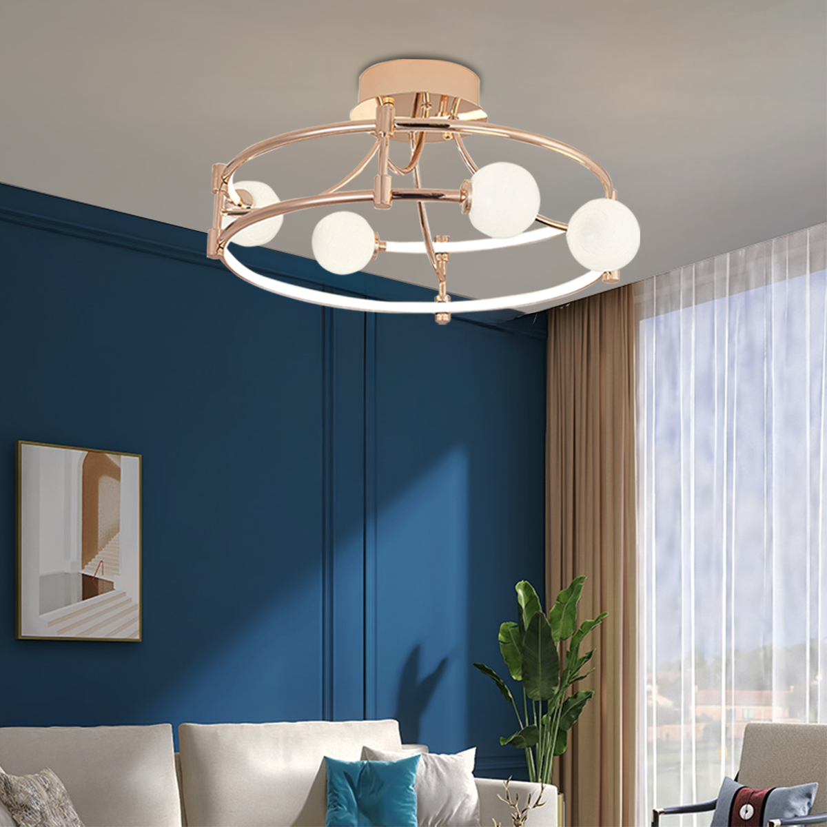 Modern Gold LED Ceiling Light with Glass Globes and Colour Changing