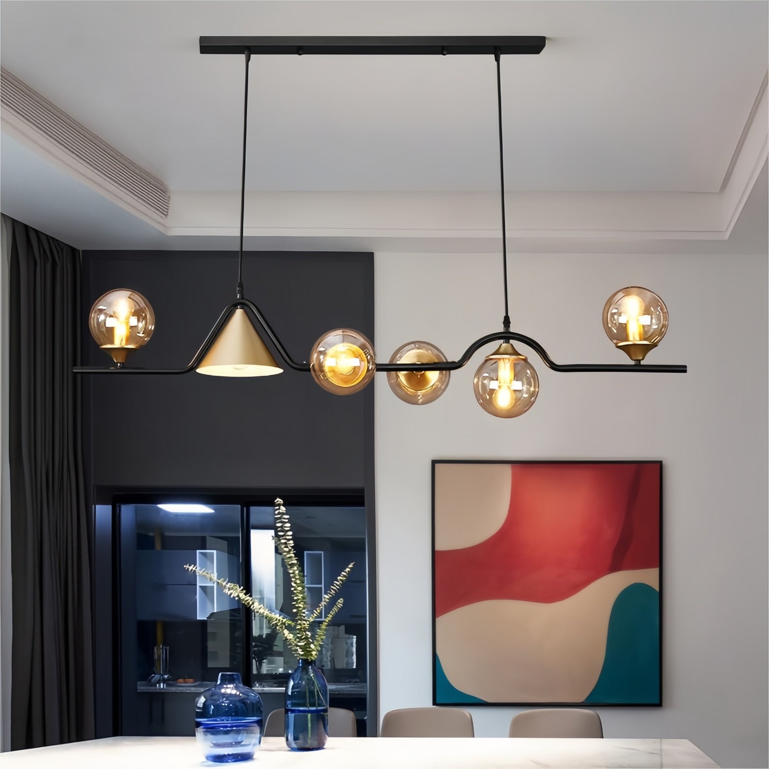 Modern Linear Geometric Spherical Glass Metal Pendant Light