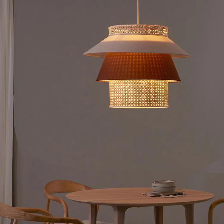 Hat-Shaped LED Light Combining Rattan and Fabric Pendant Light