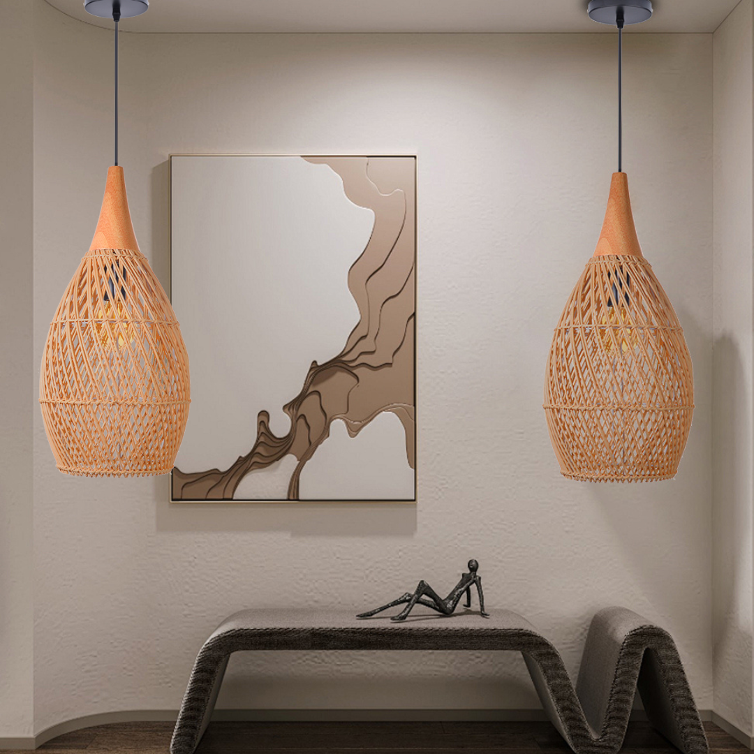 Handcrafted Water-Drop Shaped Rattan and Wood Pendant Light