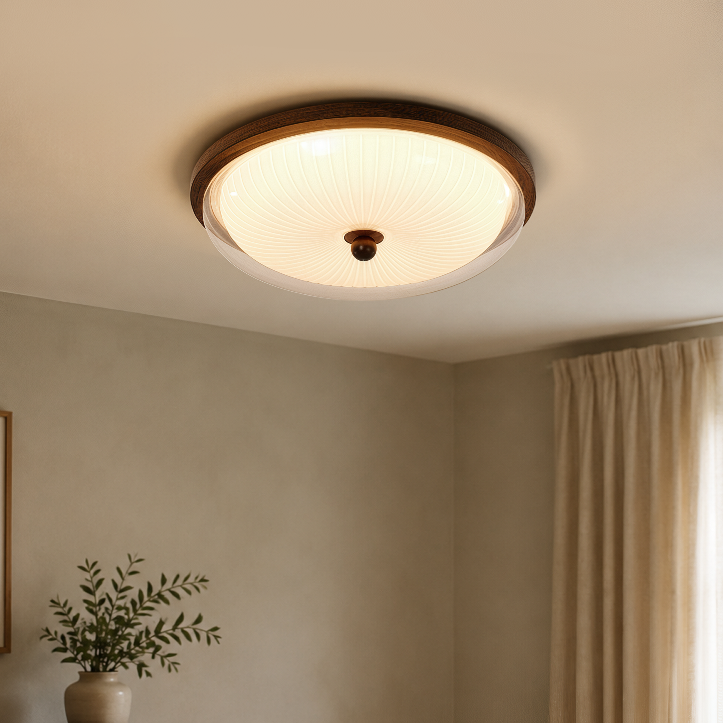 walnut ribbed acrylic ceiling light mounted close to the ceiling
