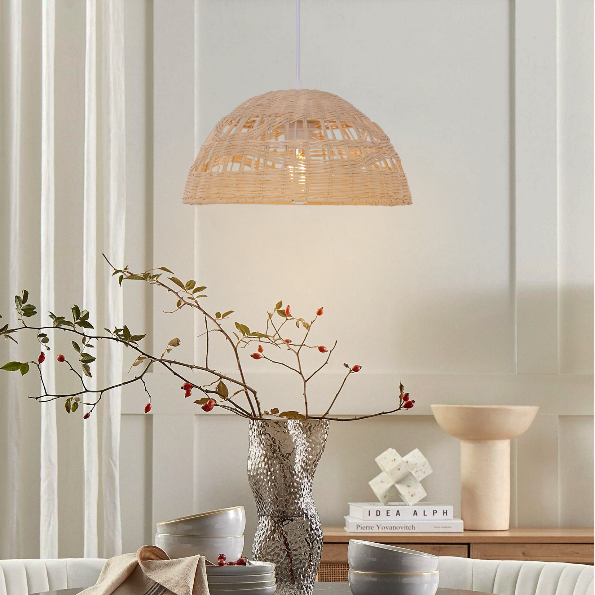 Semi Circular Wave Weave Rattan Pendant Light