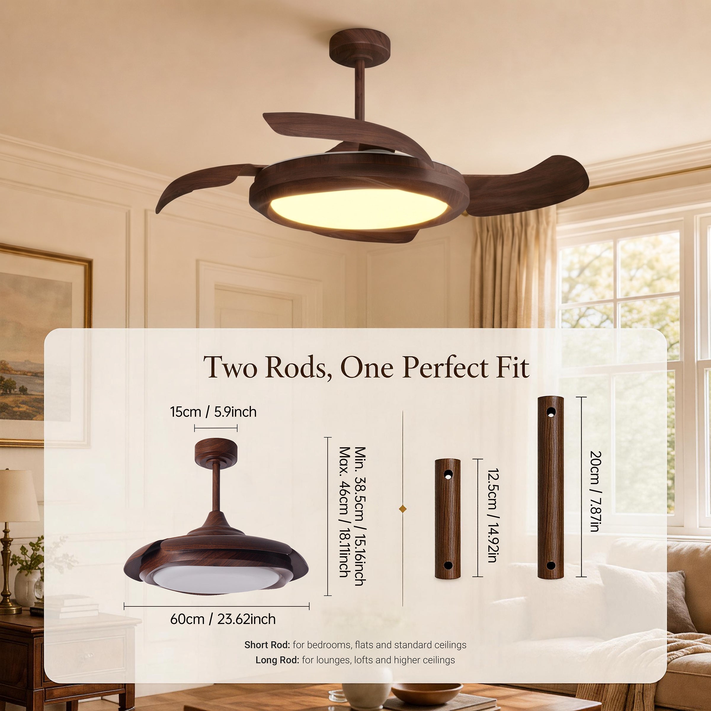 Two downrod options and size guide for walnut effect ceiling fan light