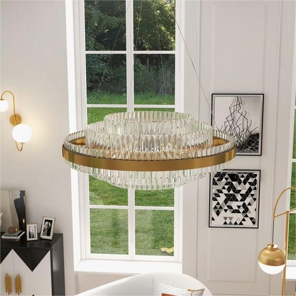 Tiered Crystal LED Pendant Light in Brass Ring