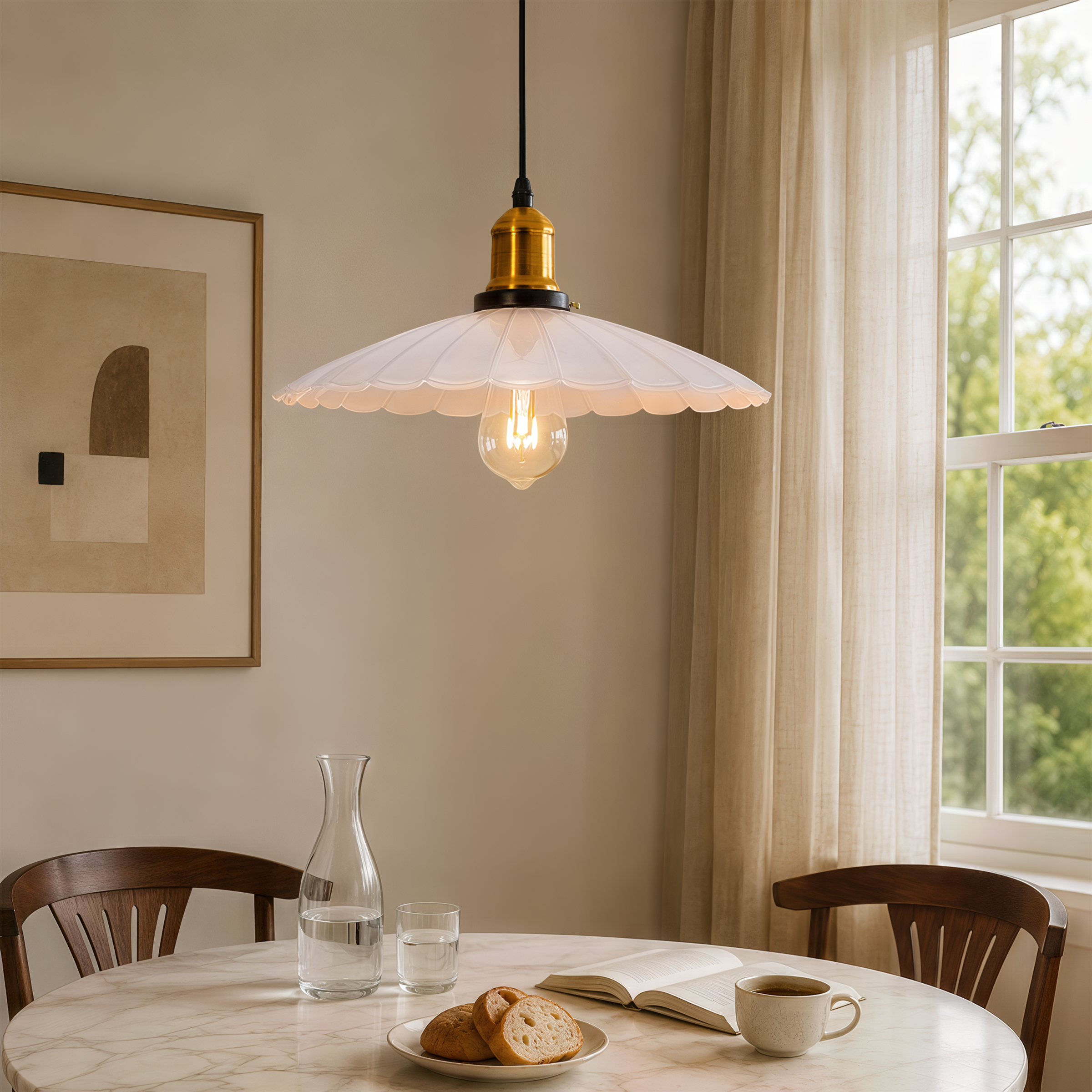 white iron pendant light over a kitchen island