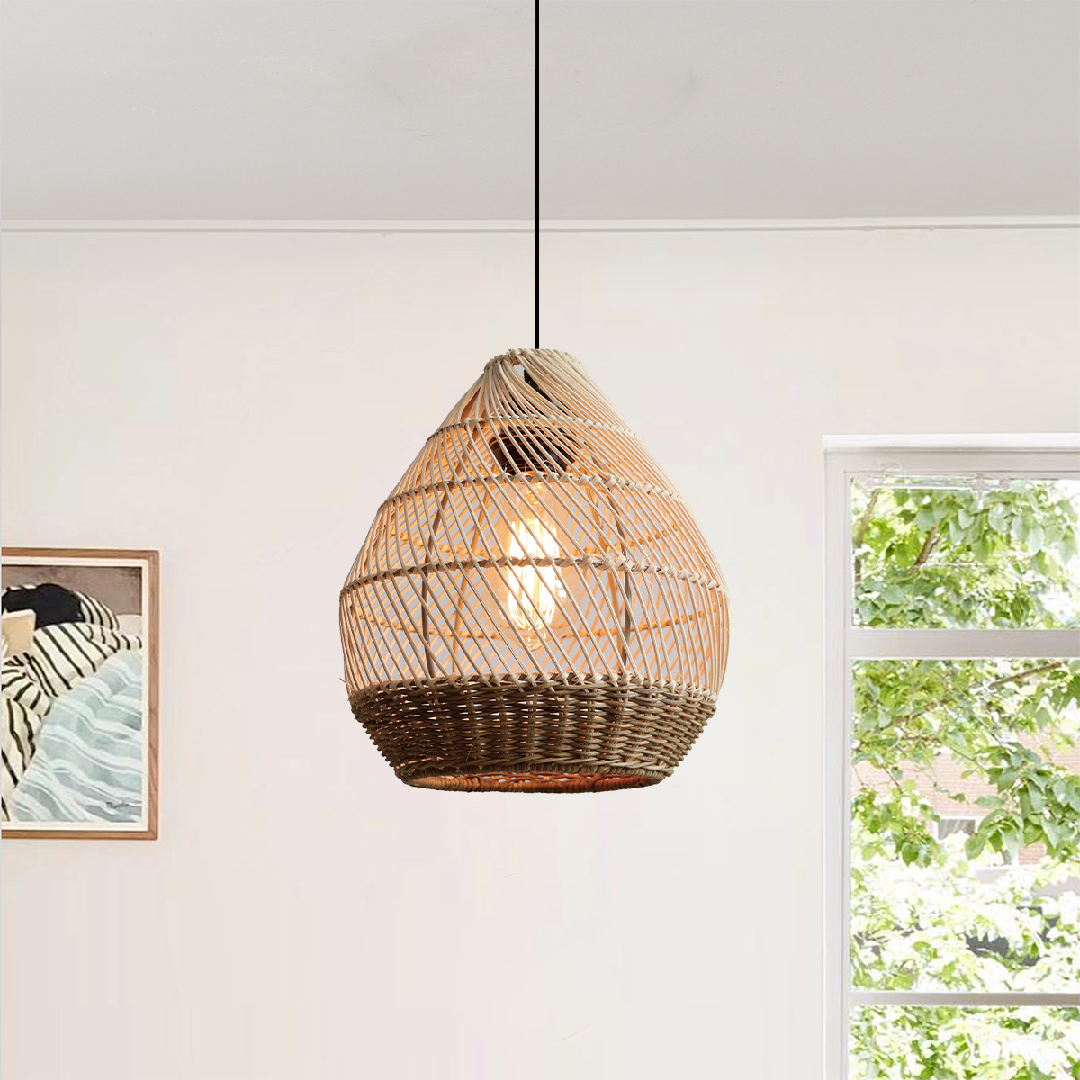 Handwoven Boho Teardrop Design Rattan Iron Pendant Light