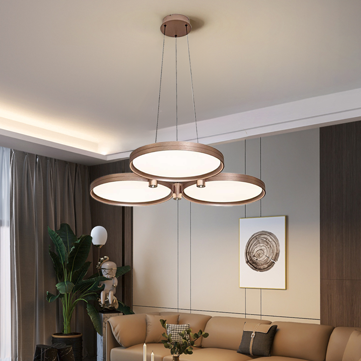 Champagne Gold Triple-Ring Stepless Dimming Pendant Light