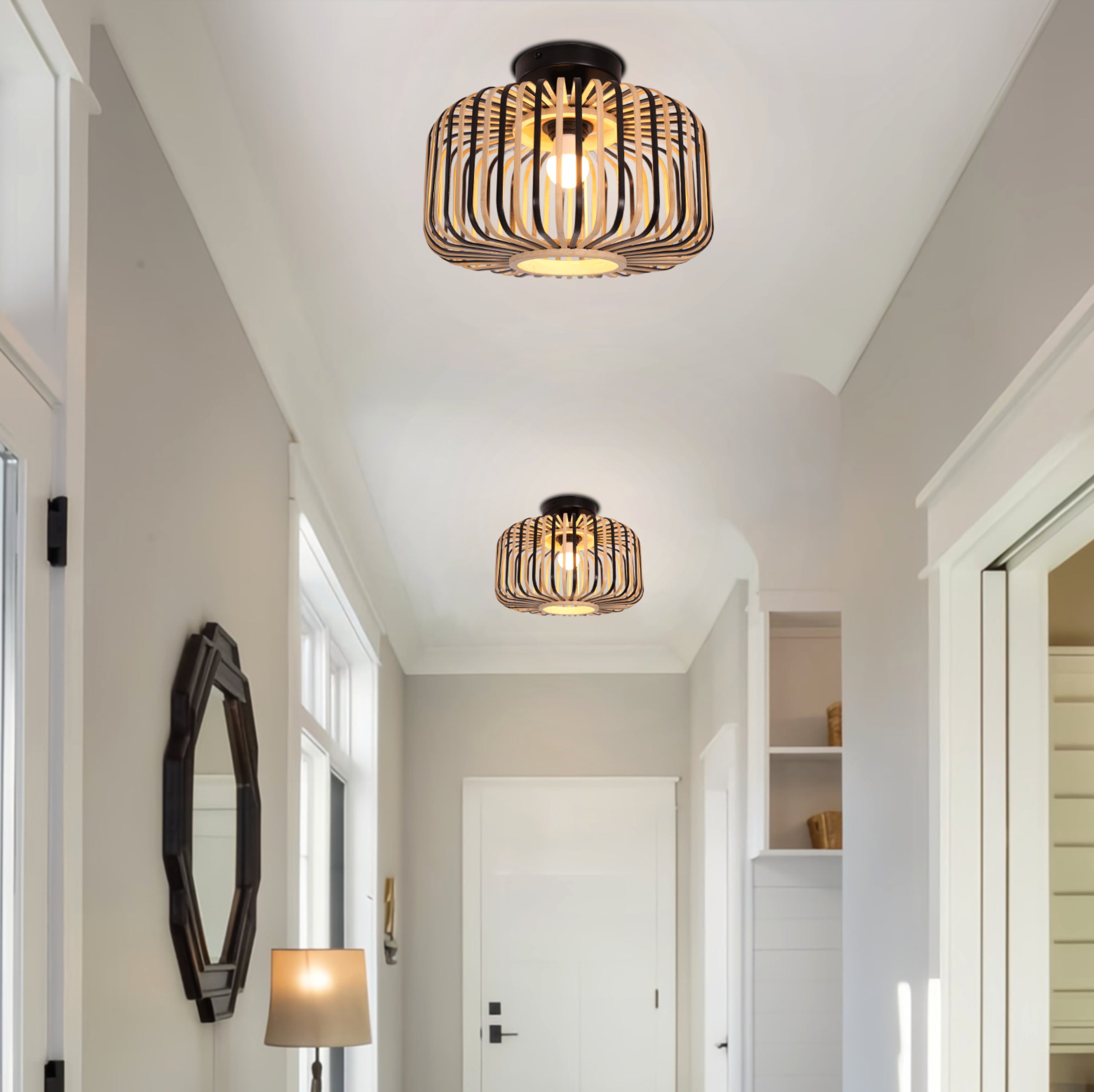 Modern Black Handwoven Bamboo Ceiling Light