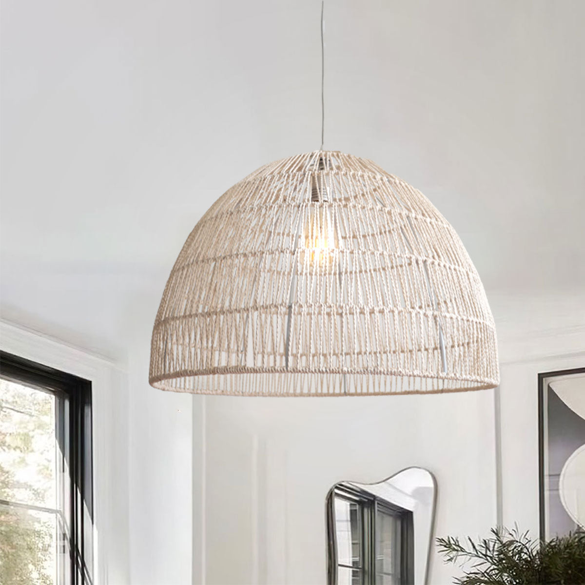 Handwoven Paper Rope Dome Pendant Light with Iron Frame