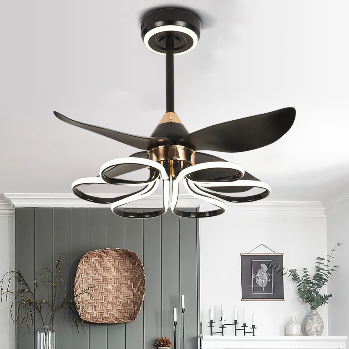 Contemporary Black Aluminum Ceiling Fan Light for Living Rooms