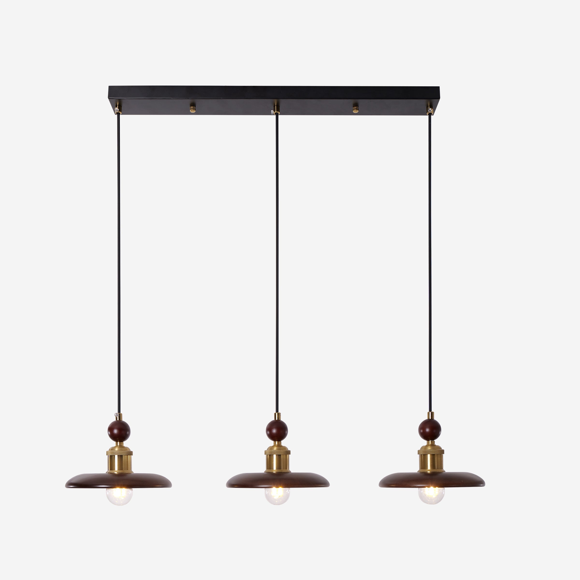 3-light walnut wood mini pendant in a warm living room