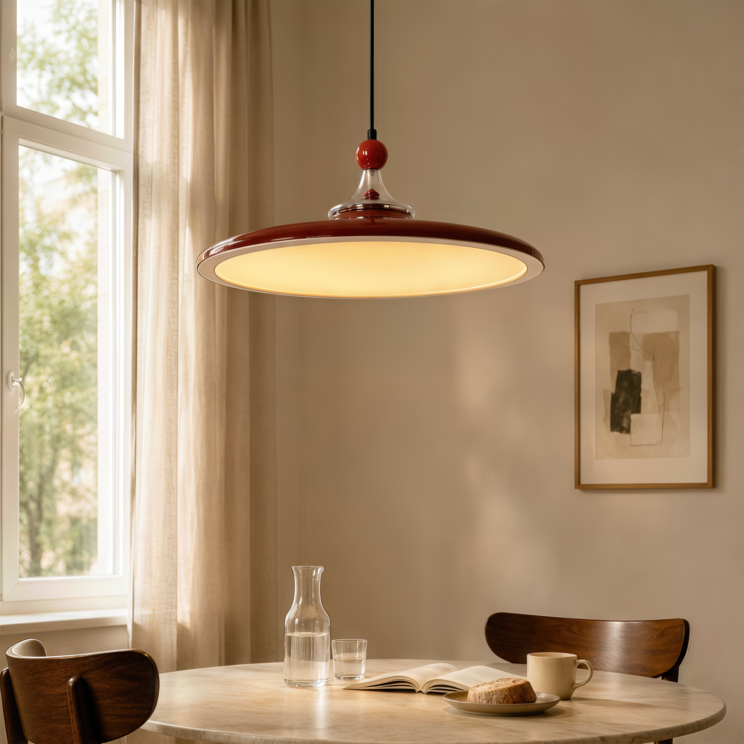 red iron pendant light hung above a dining table