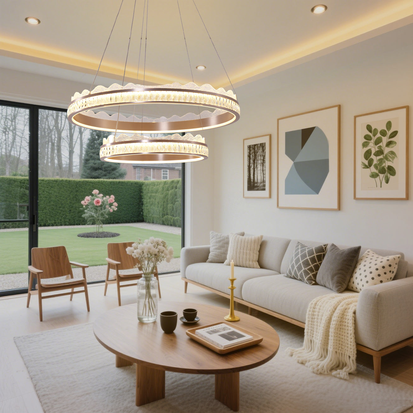 Arvia Golden Crystal Dual Ring LED Pendant Light Modern Aluminum Design