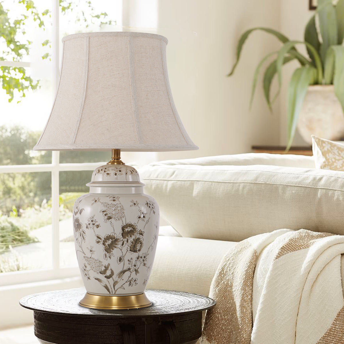 Chrysanthemum Ceramic and Copper Table Lamp with Fabric Shade