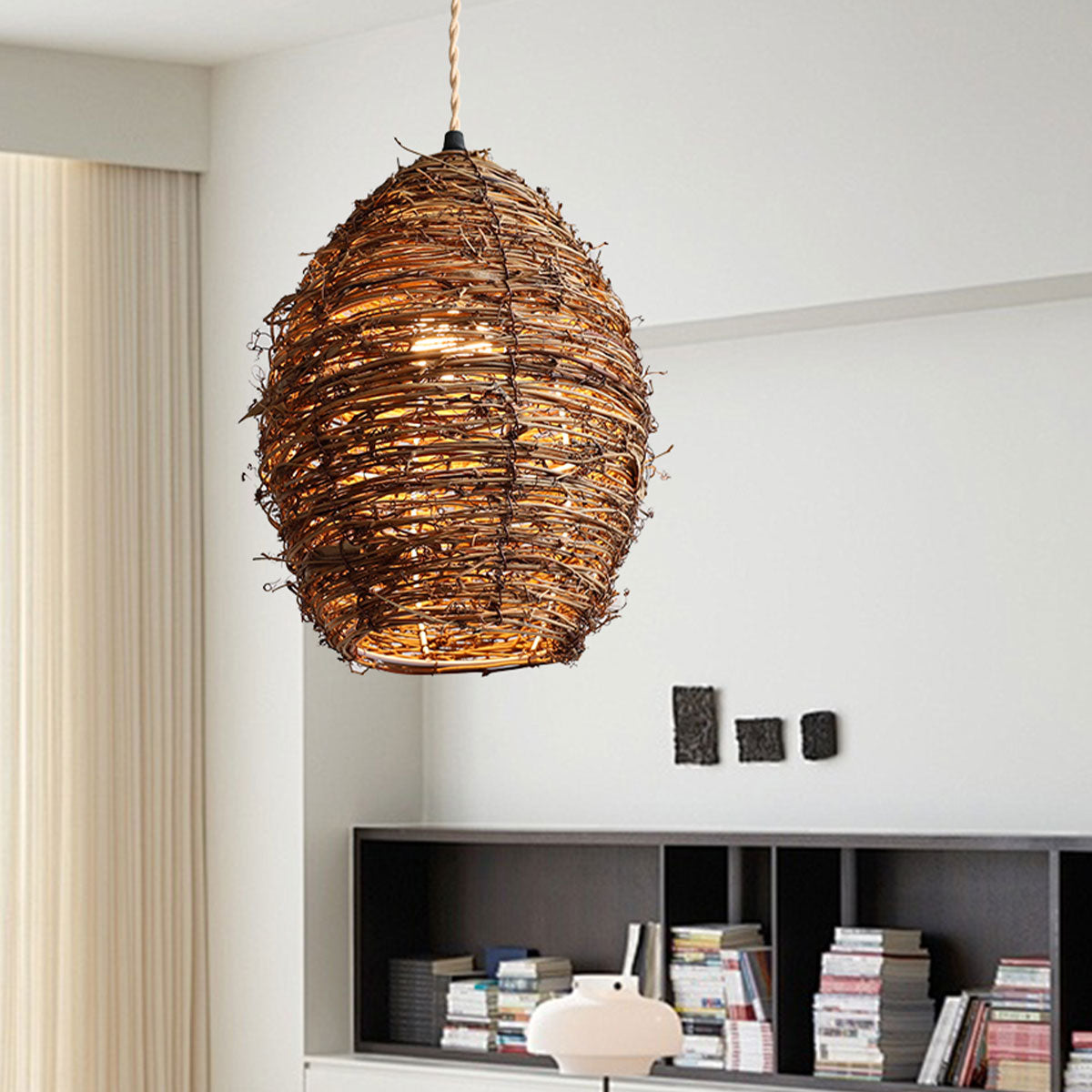 Handcrafted Rustic Woven Rattan and Iron Pendant Light