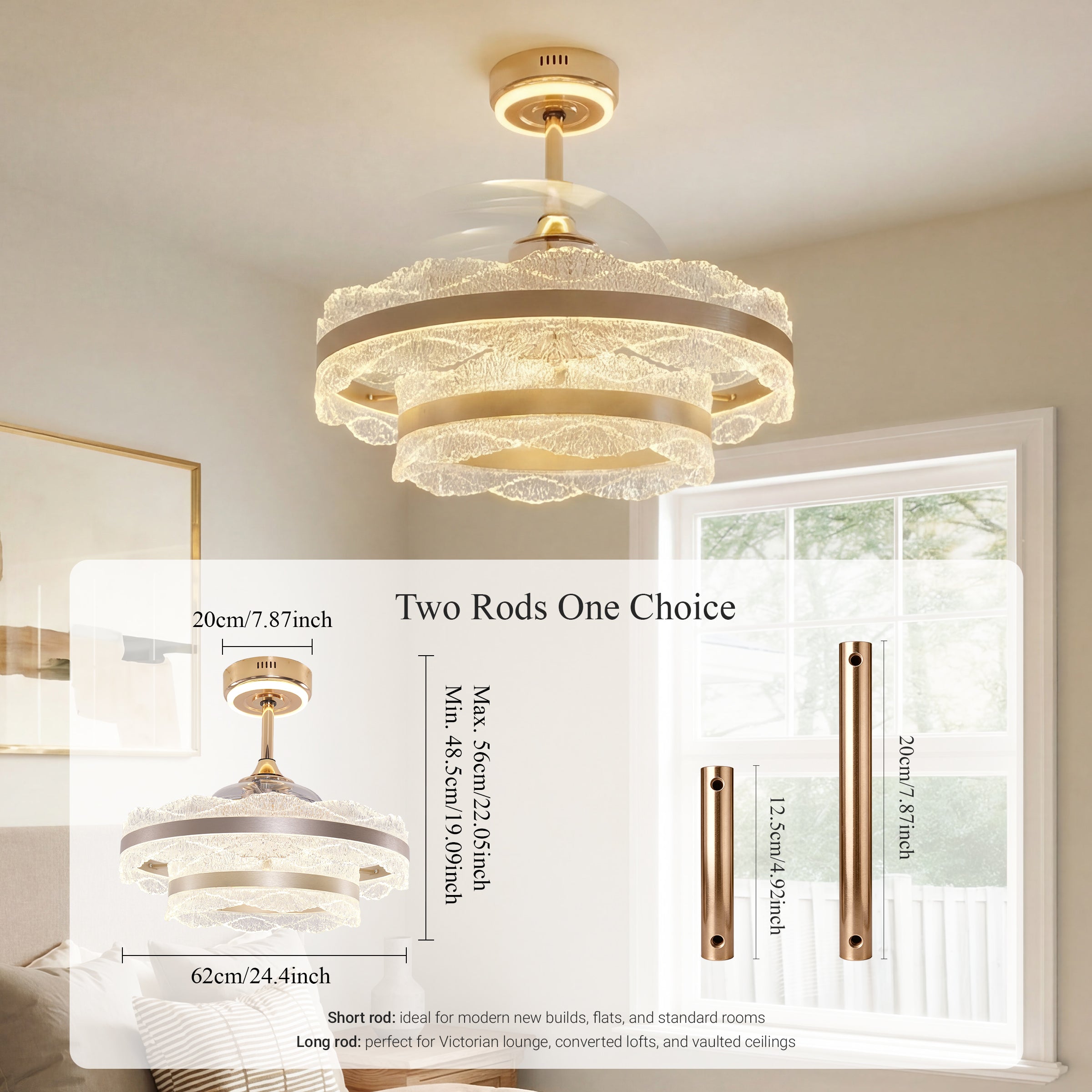 Two rod length options for acrylic ceiling fan light installation