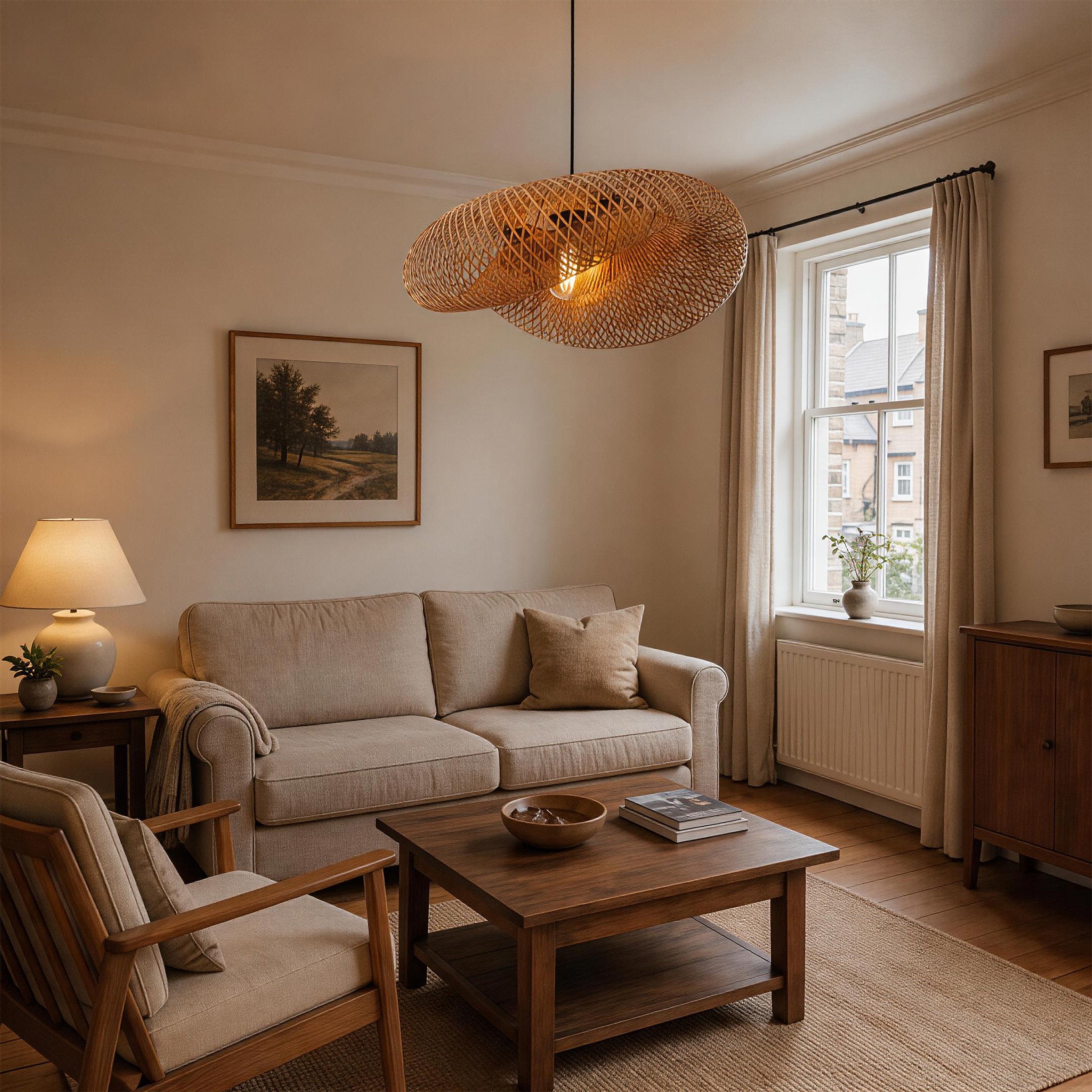 bamboo pendant light in a soft neutral living room with fireplace