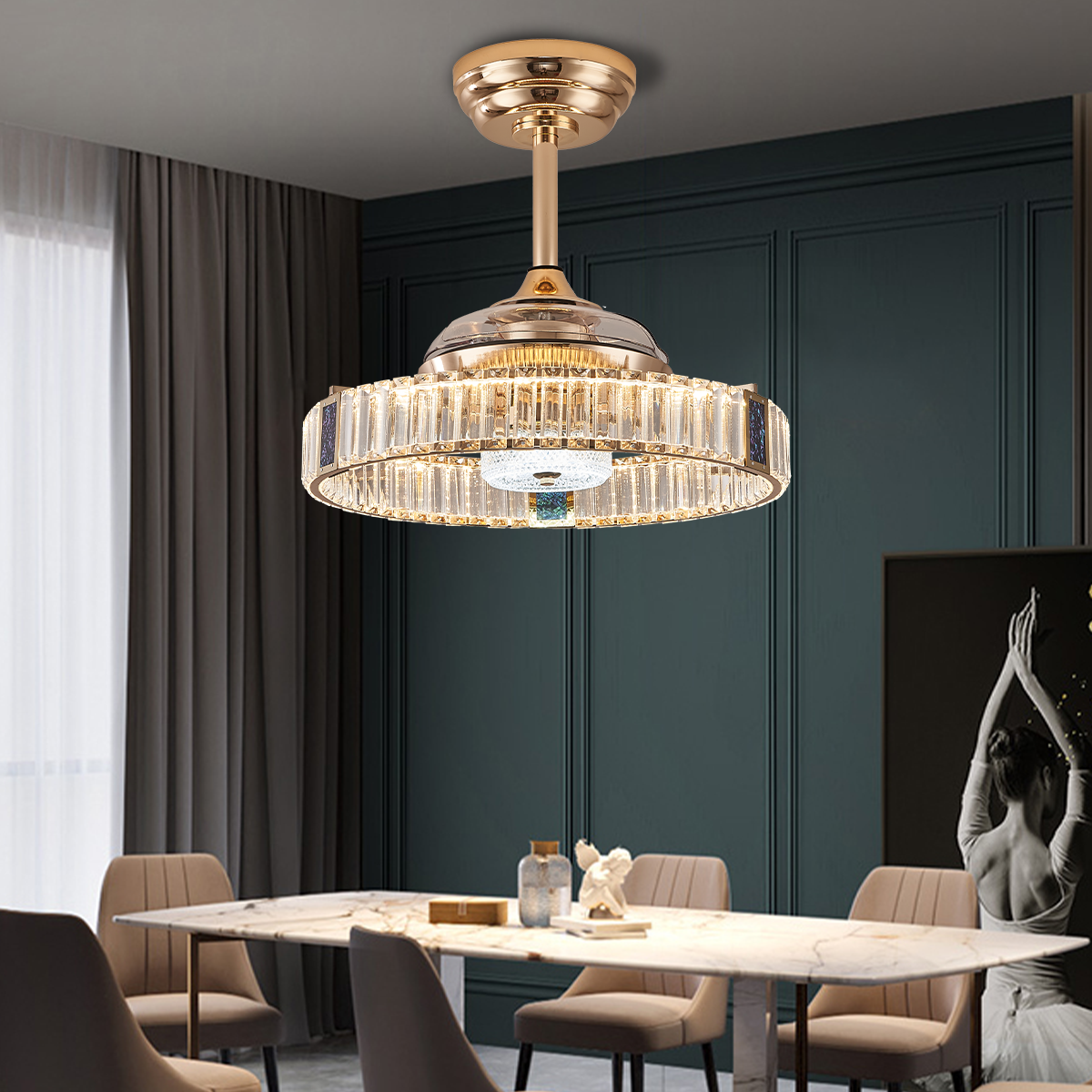 Elegant Gold Silent Ceiling Fan Lamp with Crystal Accent