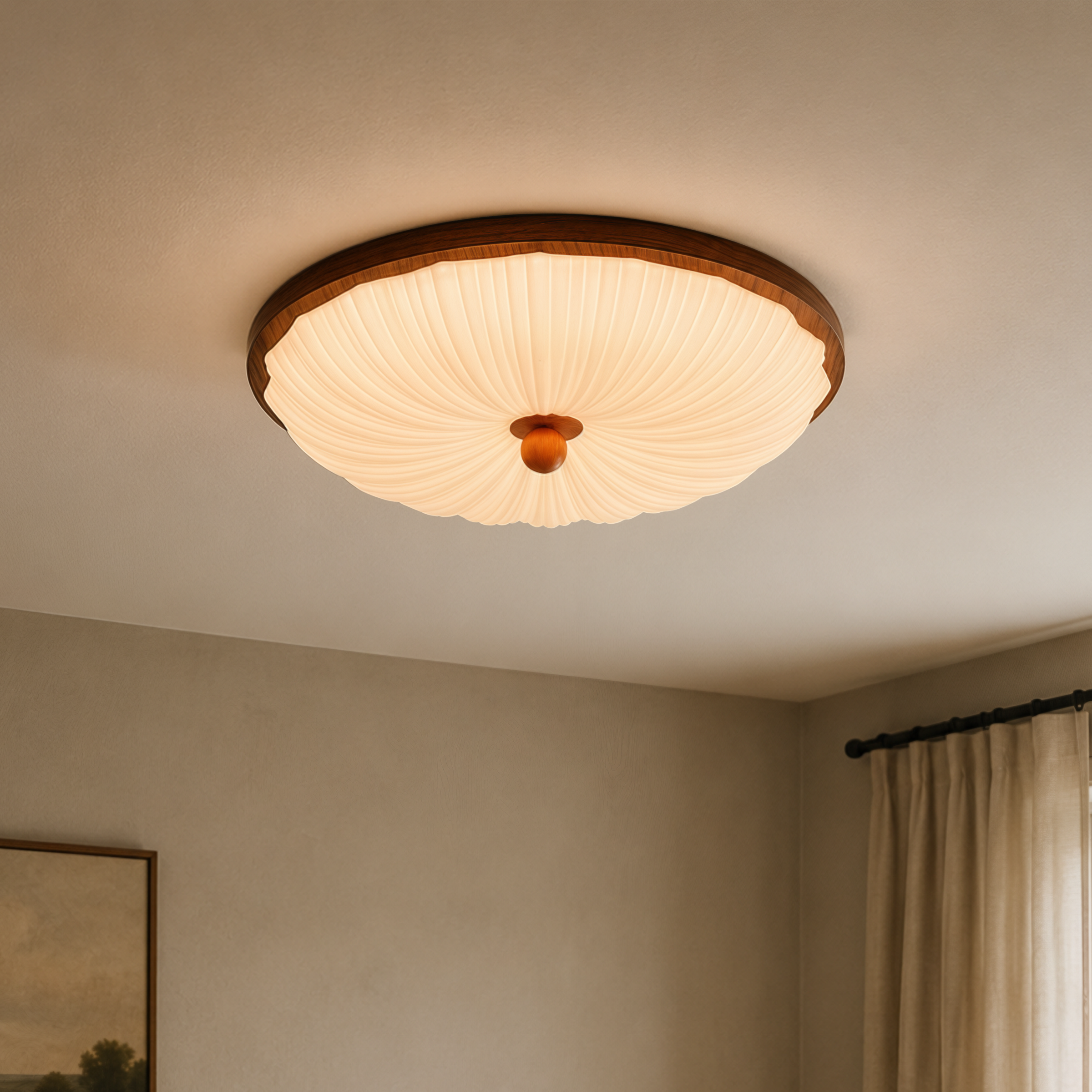 walnut scalloped acrylic ceiling light mounted close to the ceiling