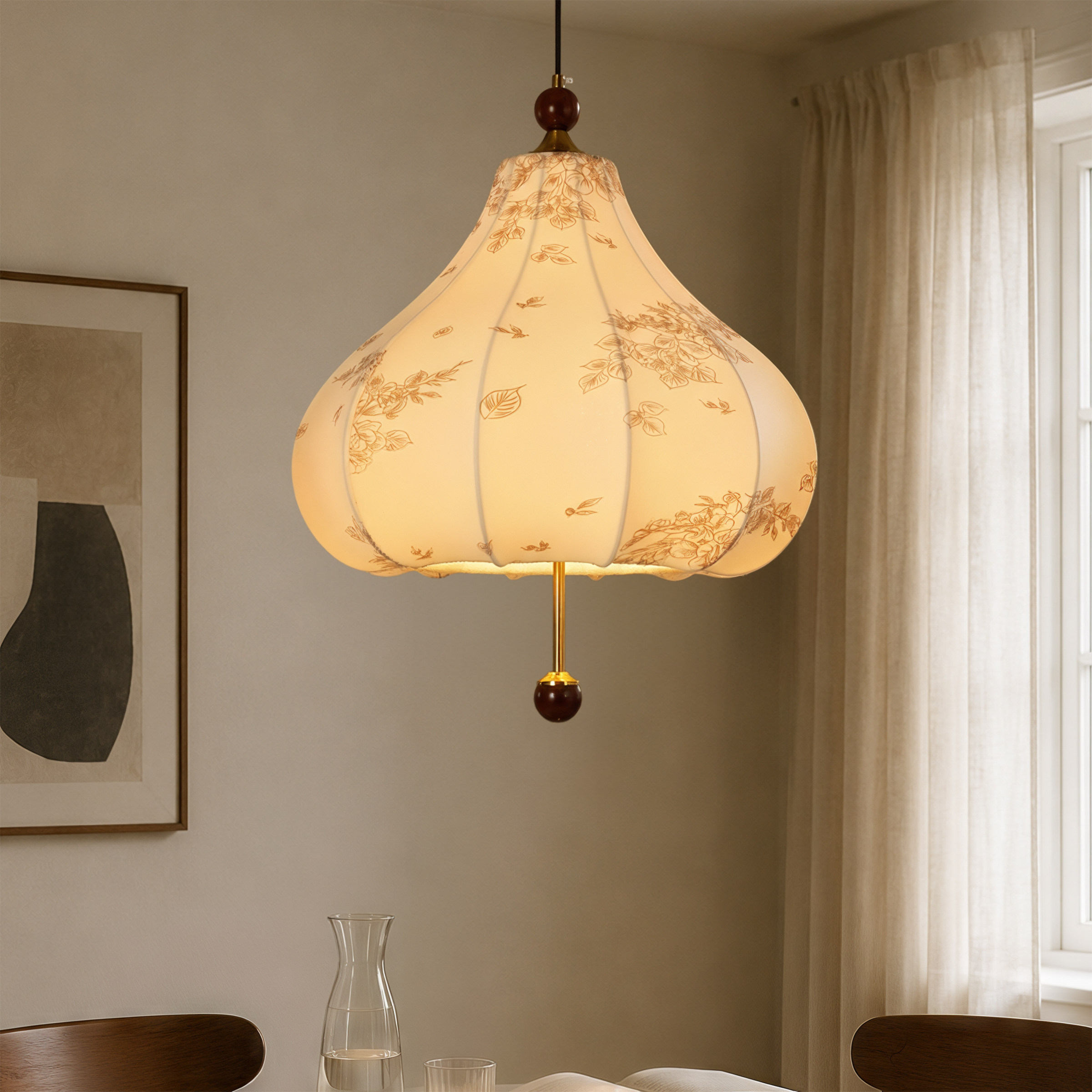 yellow floral fabric pendant light with shade and canopy details