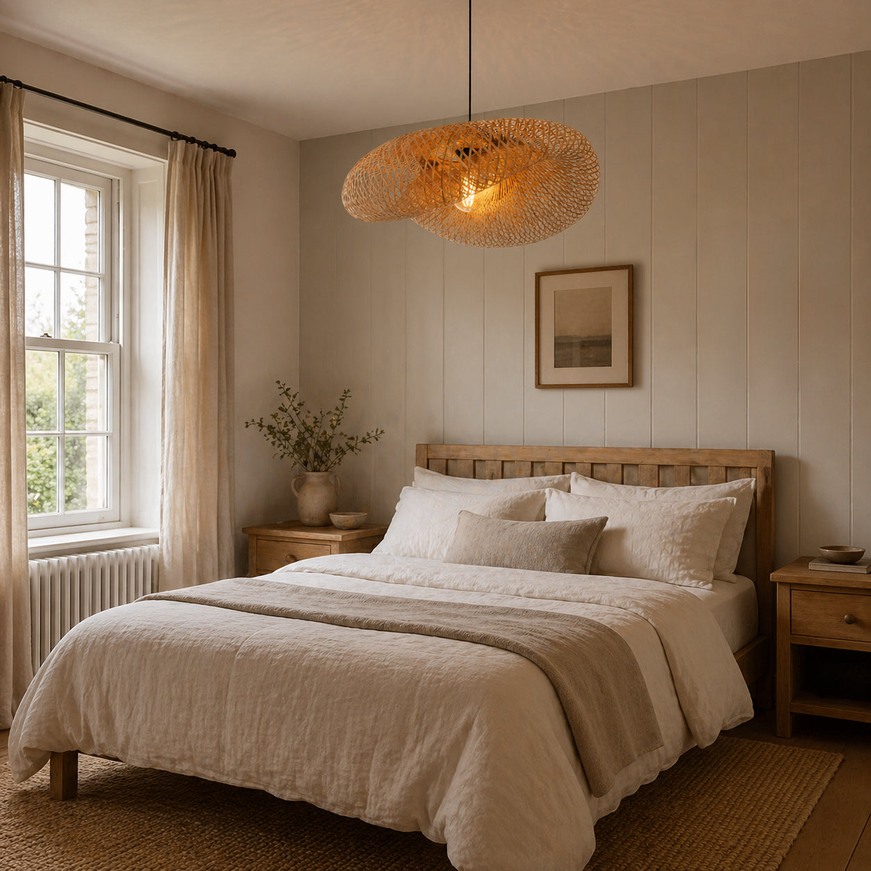 bamboo pendant light adding warm texture above a neutral bedroom