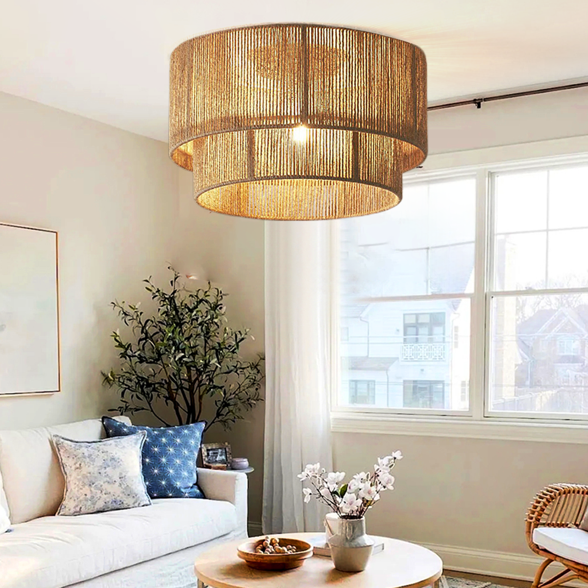 Double Tier Hemp Rope Led Pendant Light