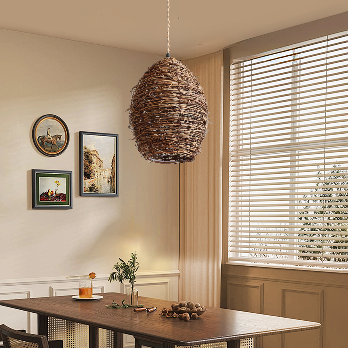 Handcrafted Rustic Woven Rattan and Iron Pendant Light