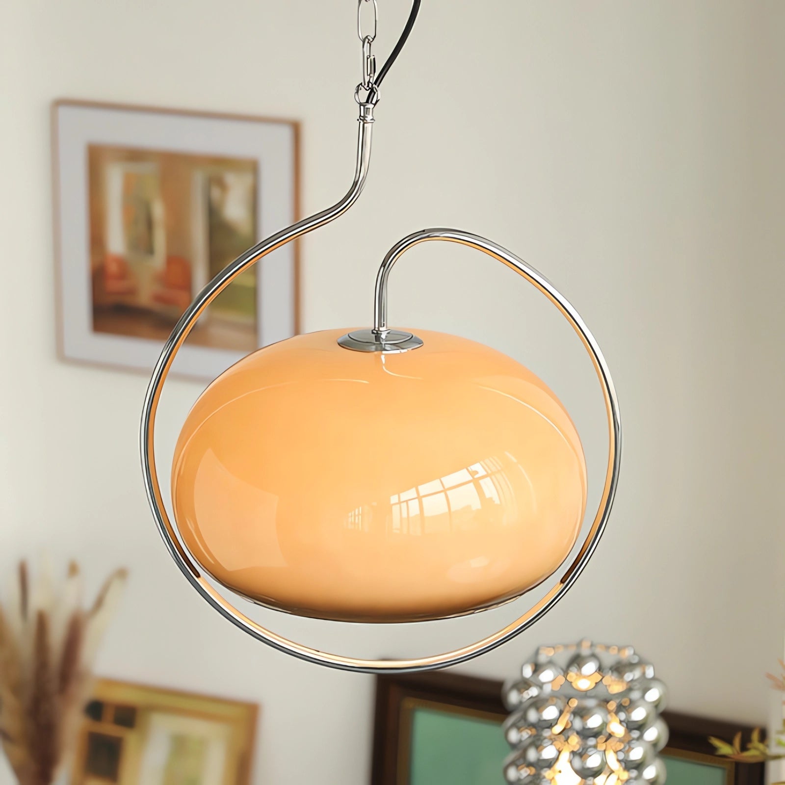 Sculptural Orange Glass Pendant Light with Curved Metal Frame