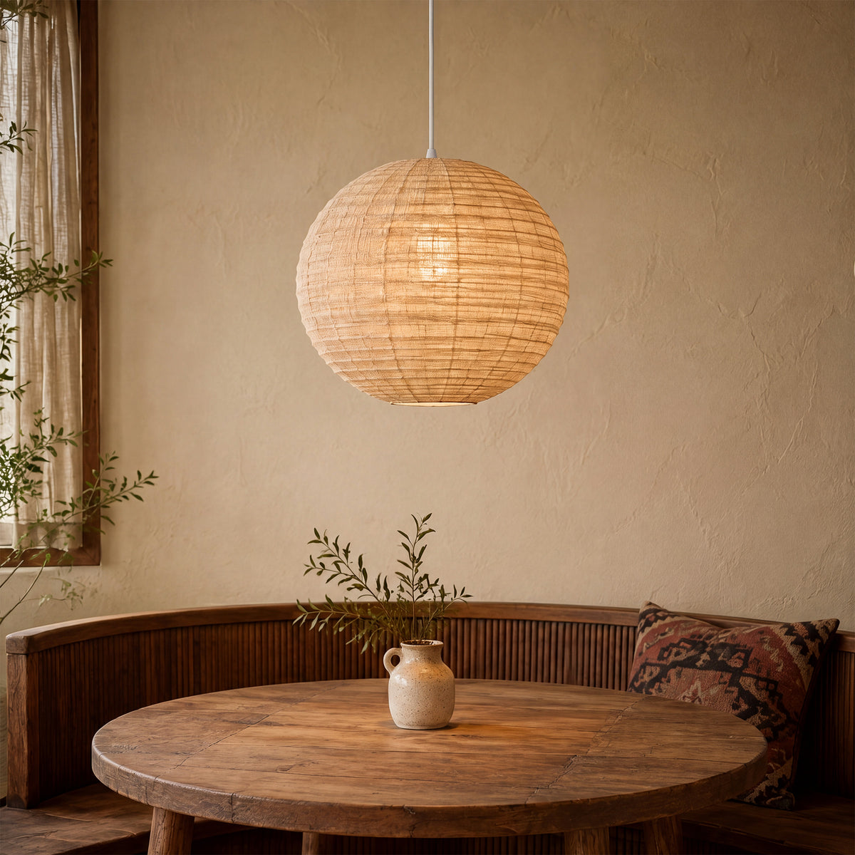 Wabi-Sabi Linen Spherical Pendant Light for Bedroom, Dining Room & Boho Interiors