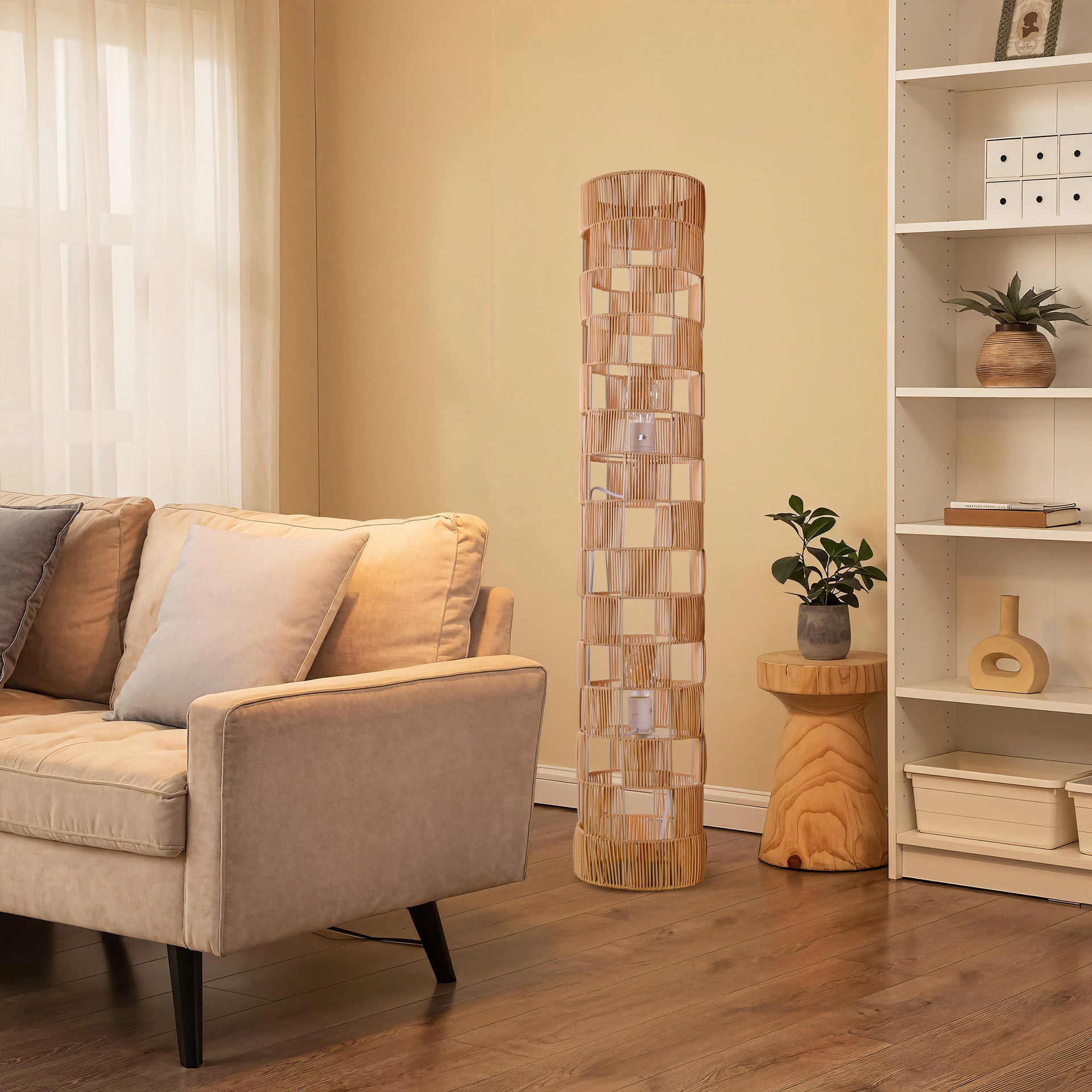 47inch Minimalist Square Hollow Rattan Floor Lamp Living Room & Bedroom