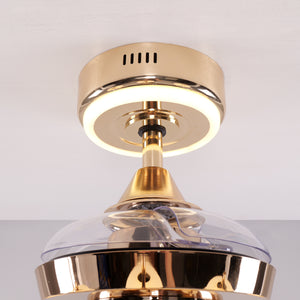 Copper ceiling fan light close-up showing clear fan blades below the canopy