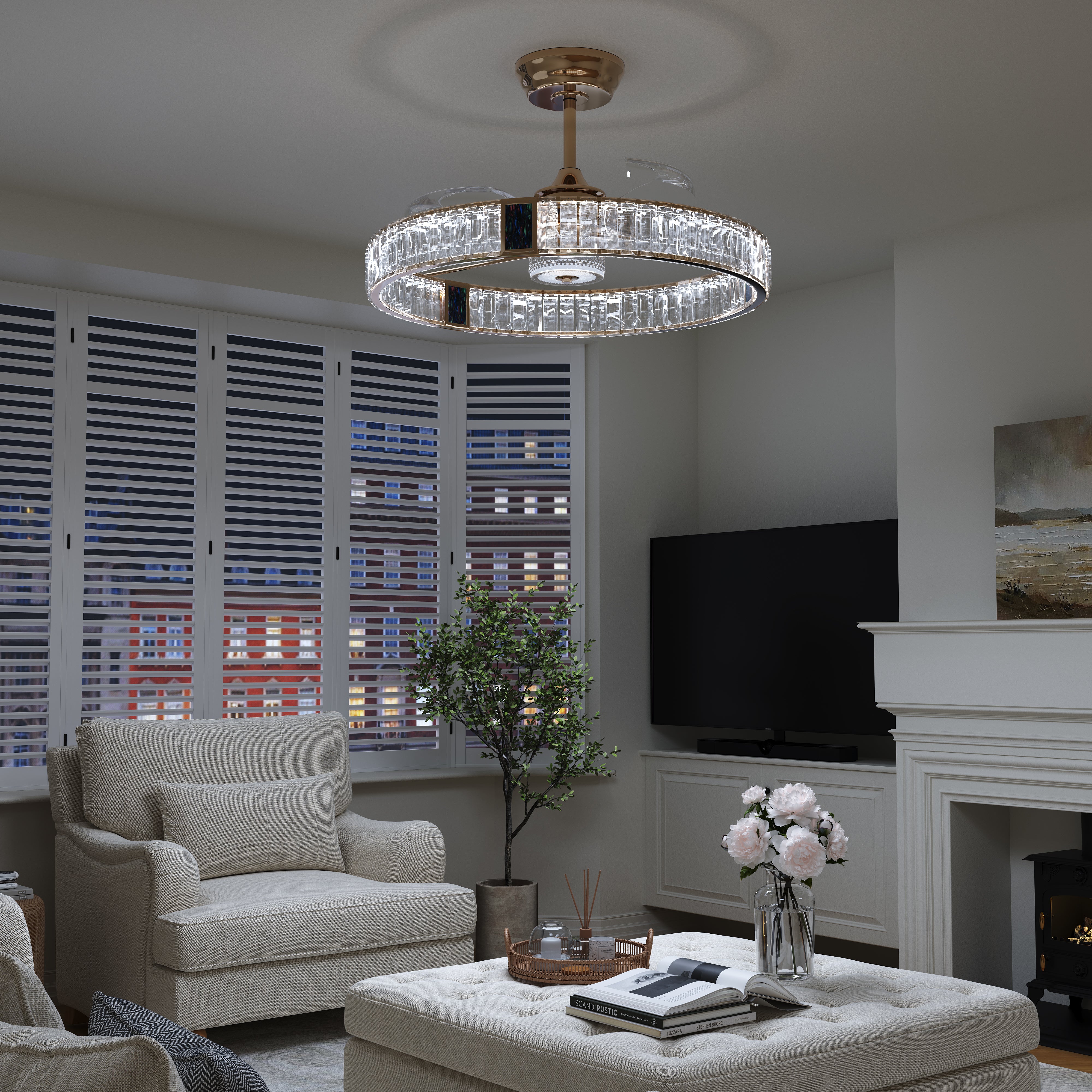 Gold ceiling fan with crystal light fitted in a modern living room setting