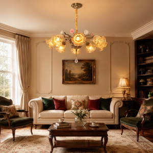 antique bronze chandelier with amber flower shades brightening a traditional dining room