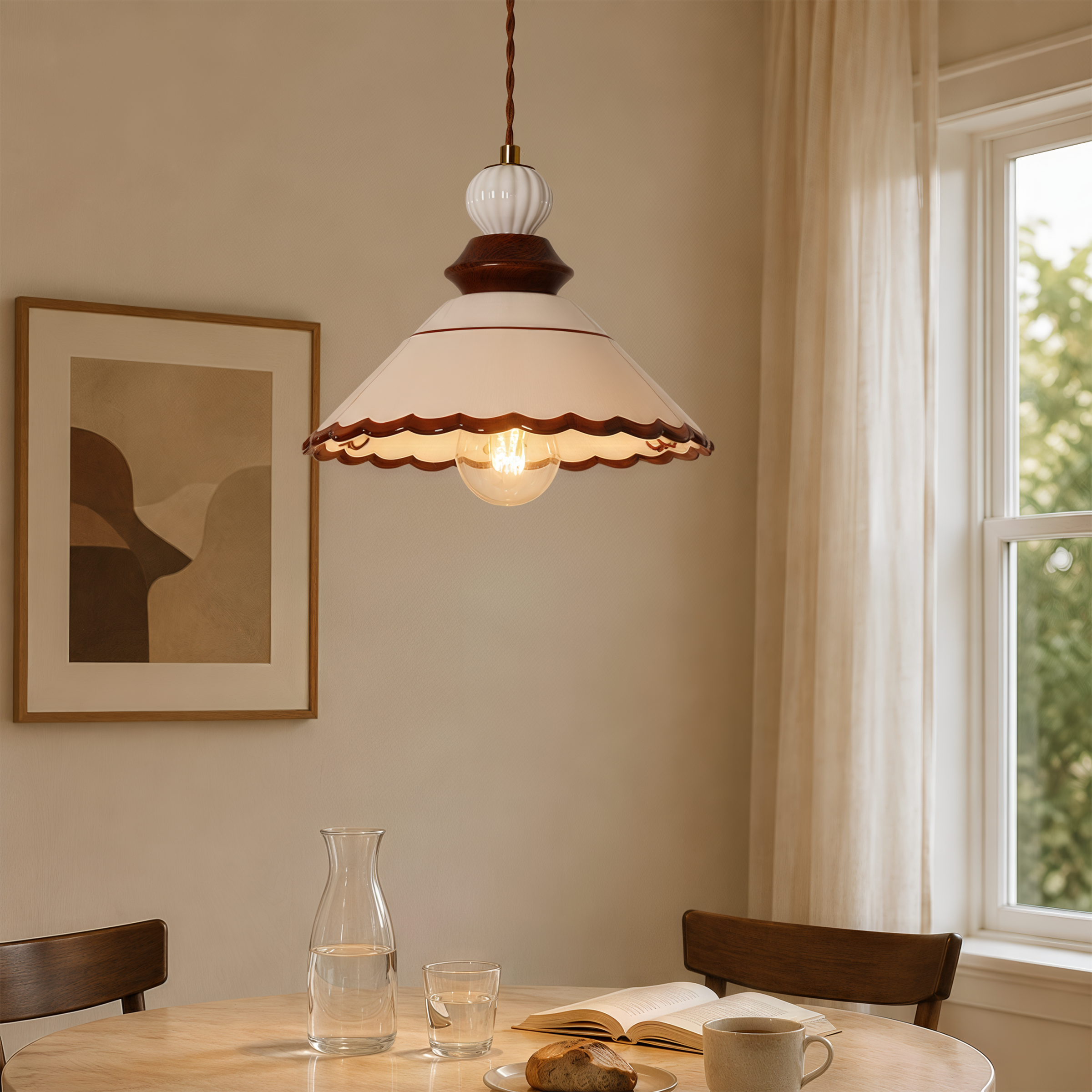 brown ceramic lace pendant light over a kitchen island