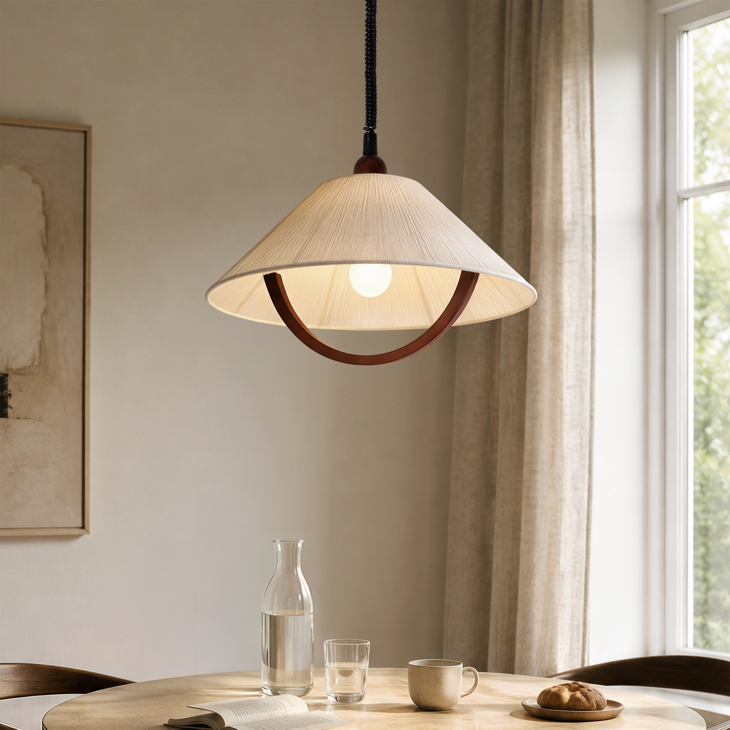 natural wood curved pendant light in a warm living room
