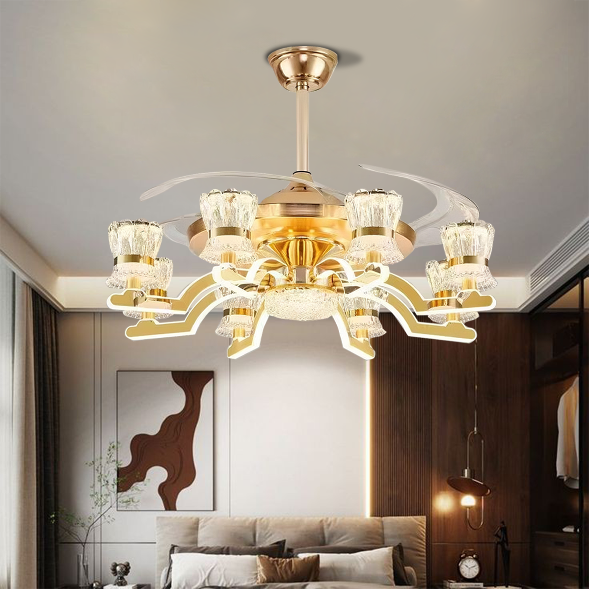 Elegant Gold Copper Crystal Fan Light