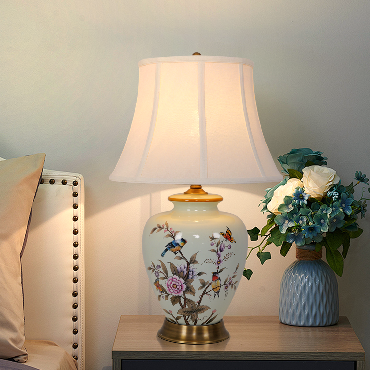 Vintage Ceramic Floral Table Lamp with Fabric Shade and Copper Base