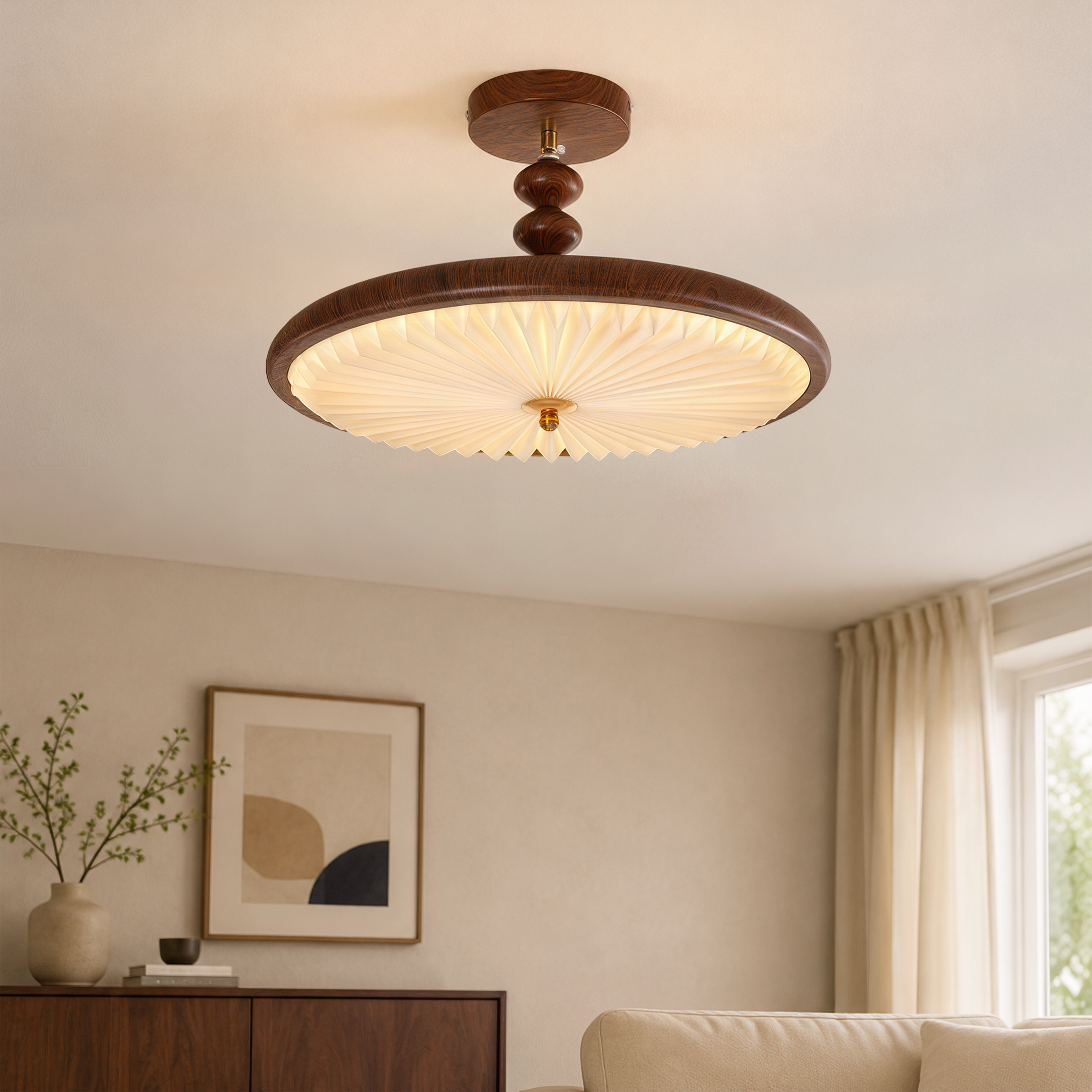 walnut pleated flush ceiling light brightening a living room