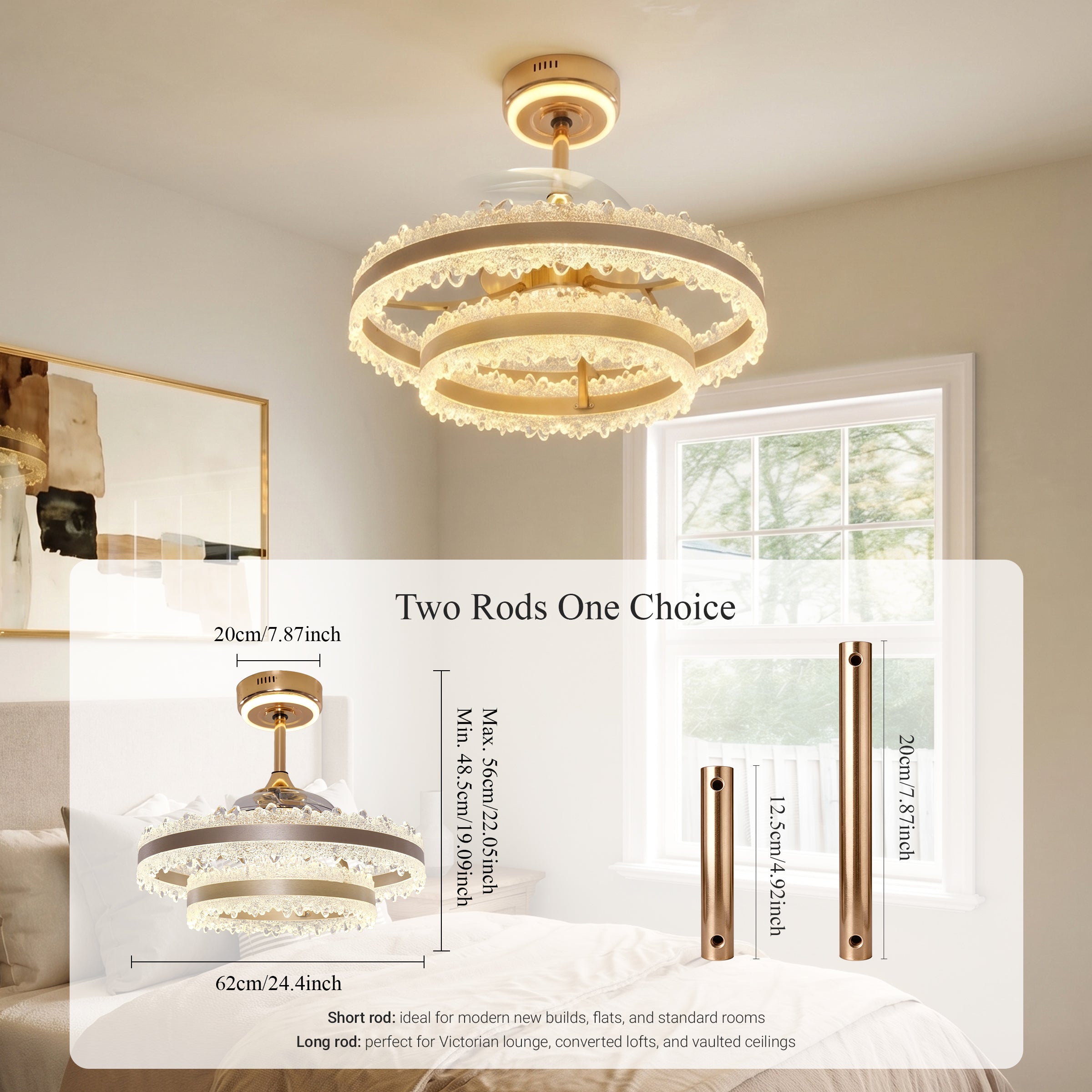 Gold halo fan light with two downrod options shown over a bright bedroom scene