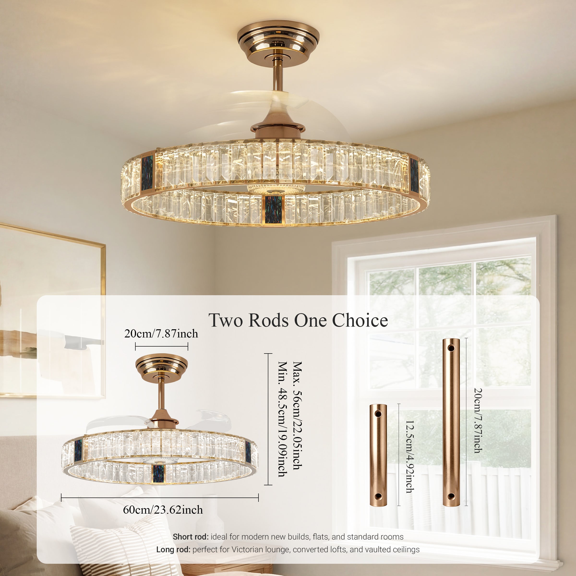 Remote control gold crystal ceiling fan light with 1, 2 and 4 hour timer settings