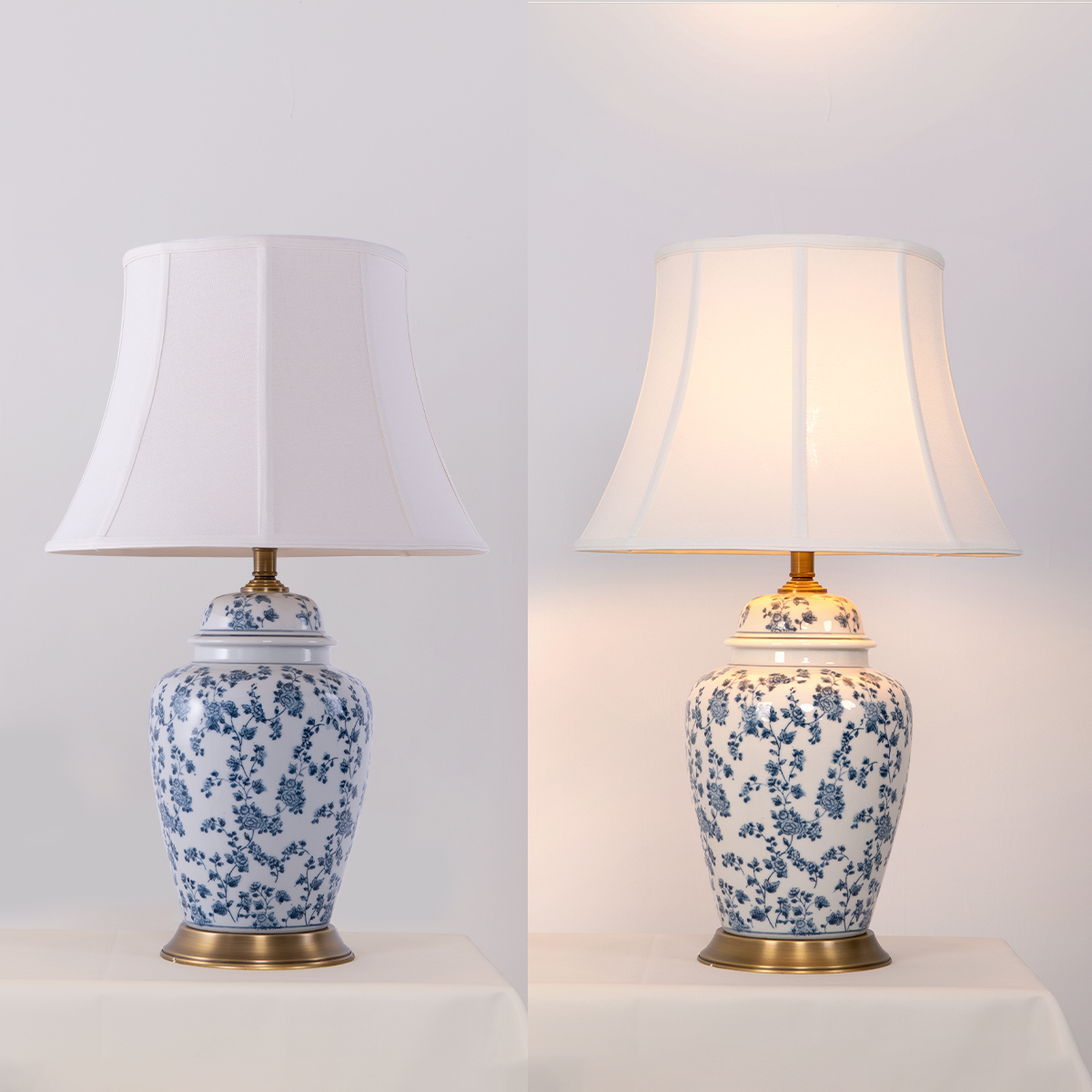 blue floral ceramic table lamp shown unlit and glowing with warm light