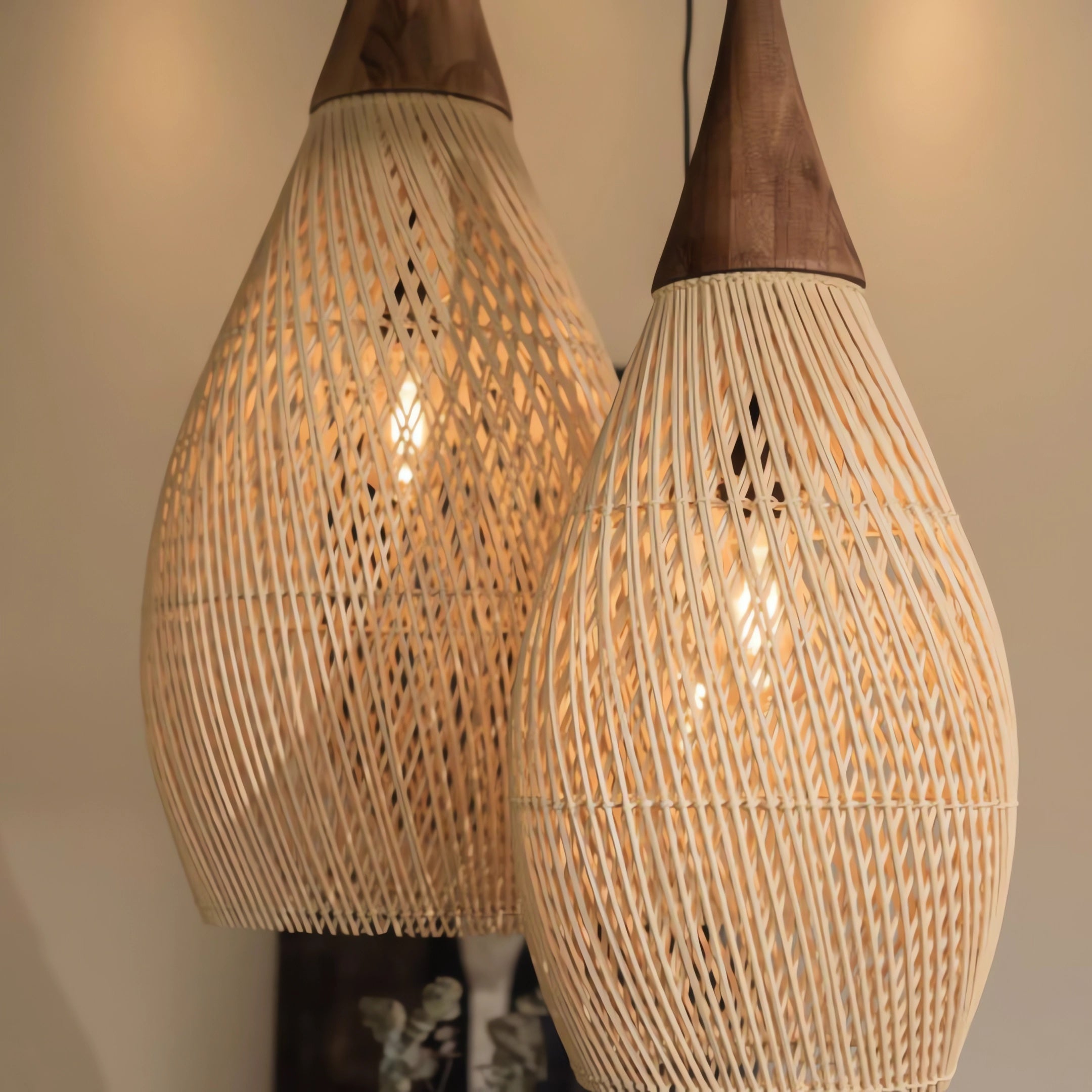 Handcrafted Water-Drop Shaped Rattan and Wood Pendant Light