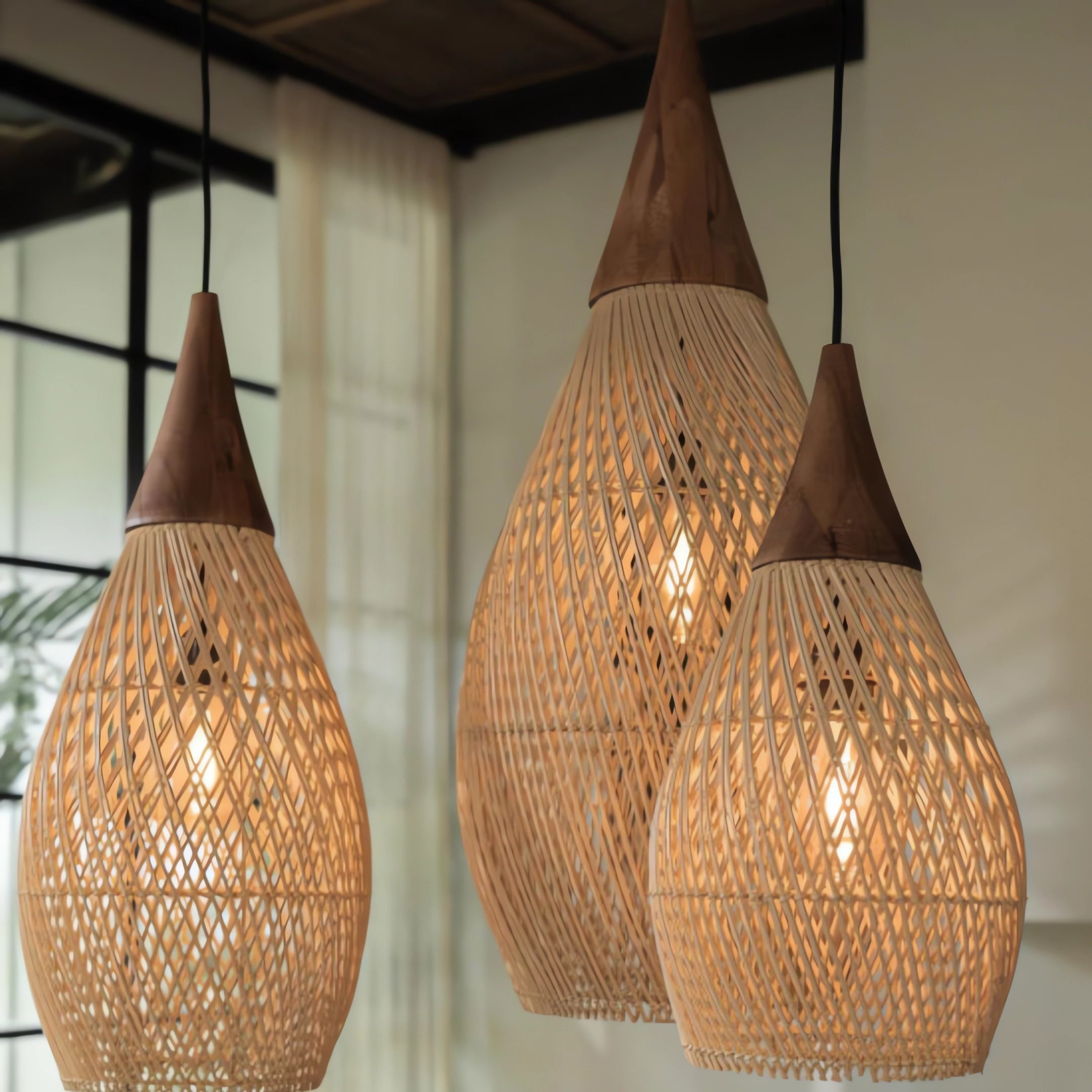 Handcrafted Water-Drop Shaped Rattan and Wood Pendant Light