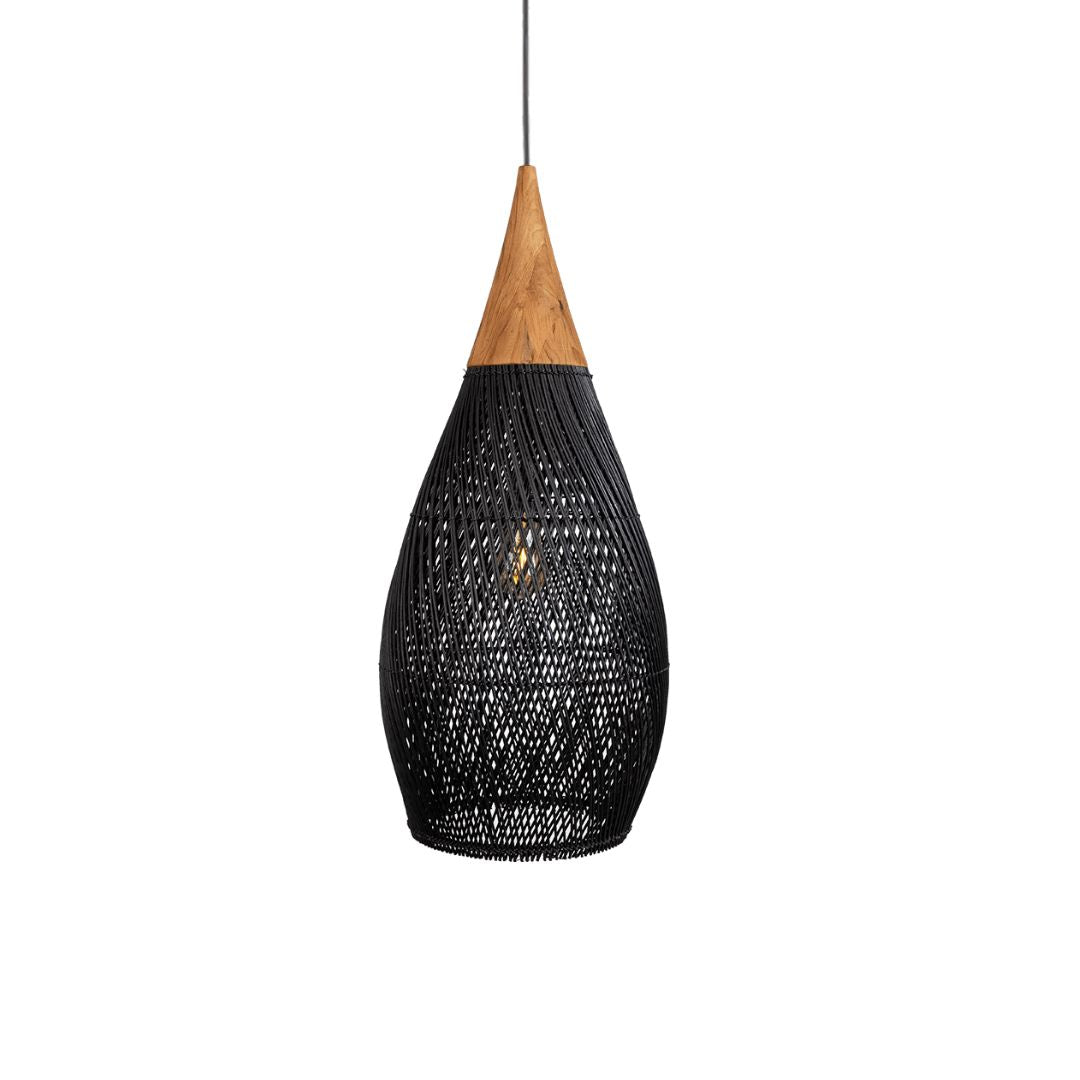 Handcrafted Water-Drop Shaped Rattan and Wood Pendant Light