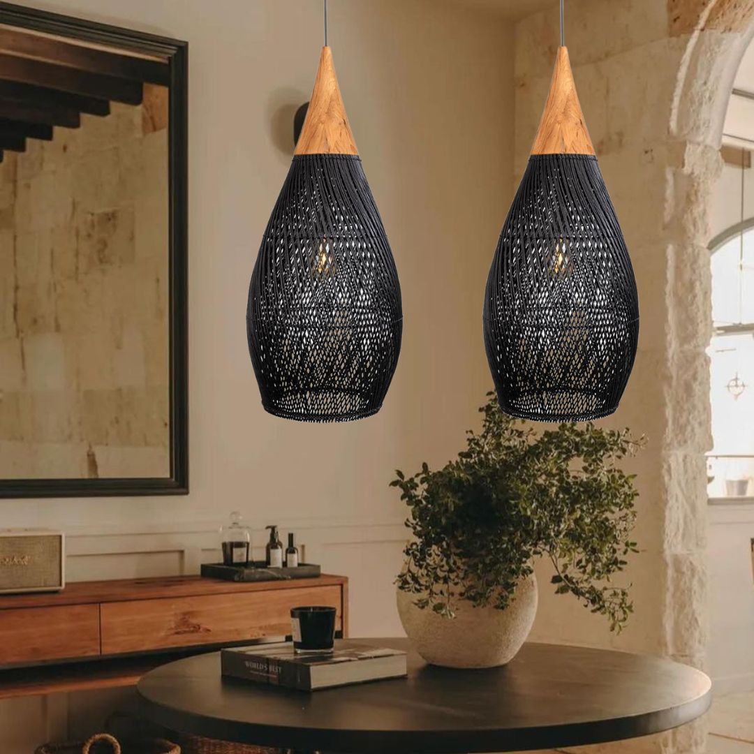 Handcrafted Water-Drop Shaped Rattan and Wood Pendant Light