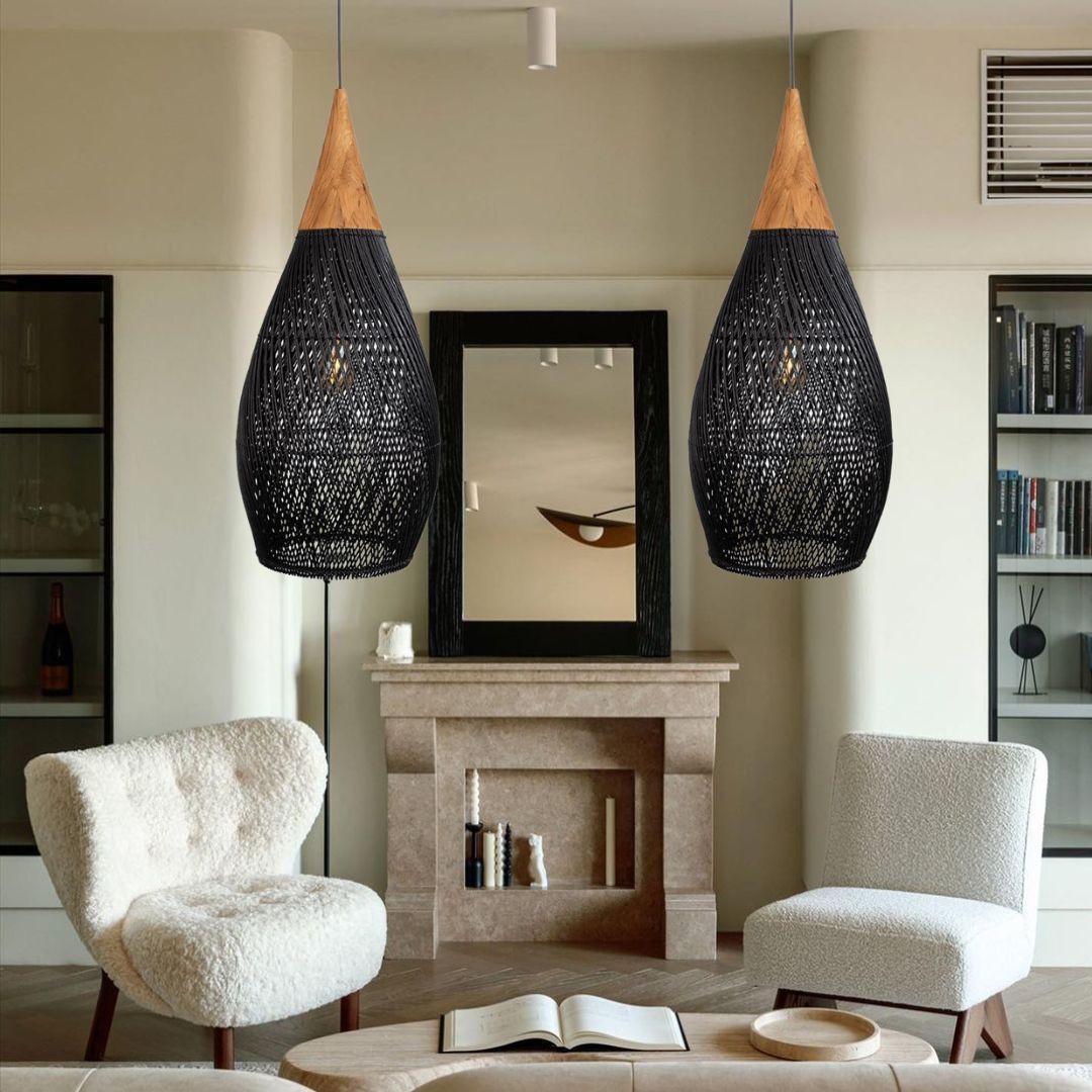 Handcrafted Water-Drop Shaped Rattan and Wood Pendant Light