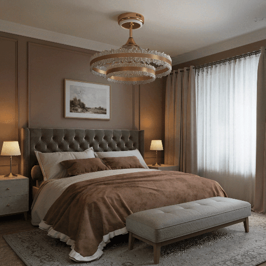 Gold halo ceiling fan light with retractable clear blades in a bedroom