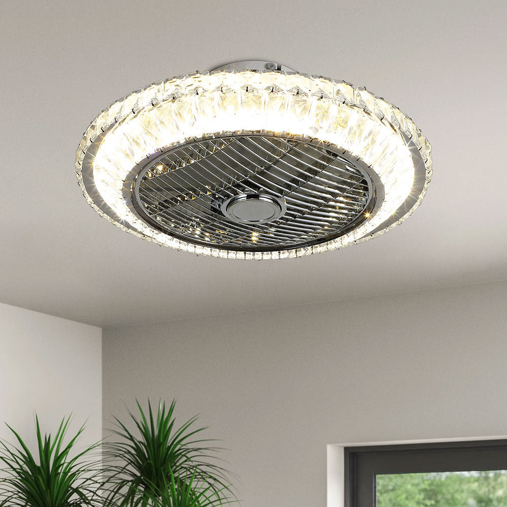 Sliver Round Crystal Flush Mount LED Ceiling Fan with Light