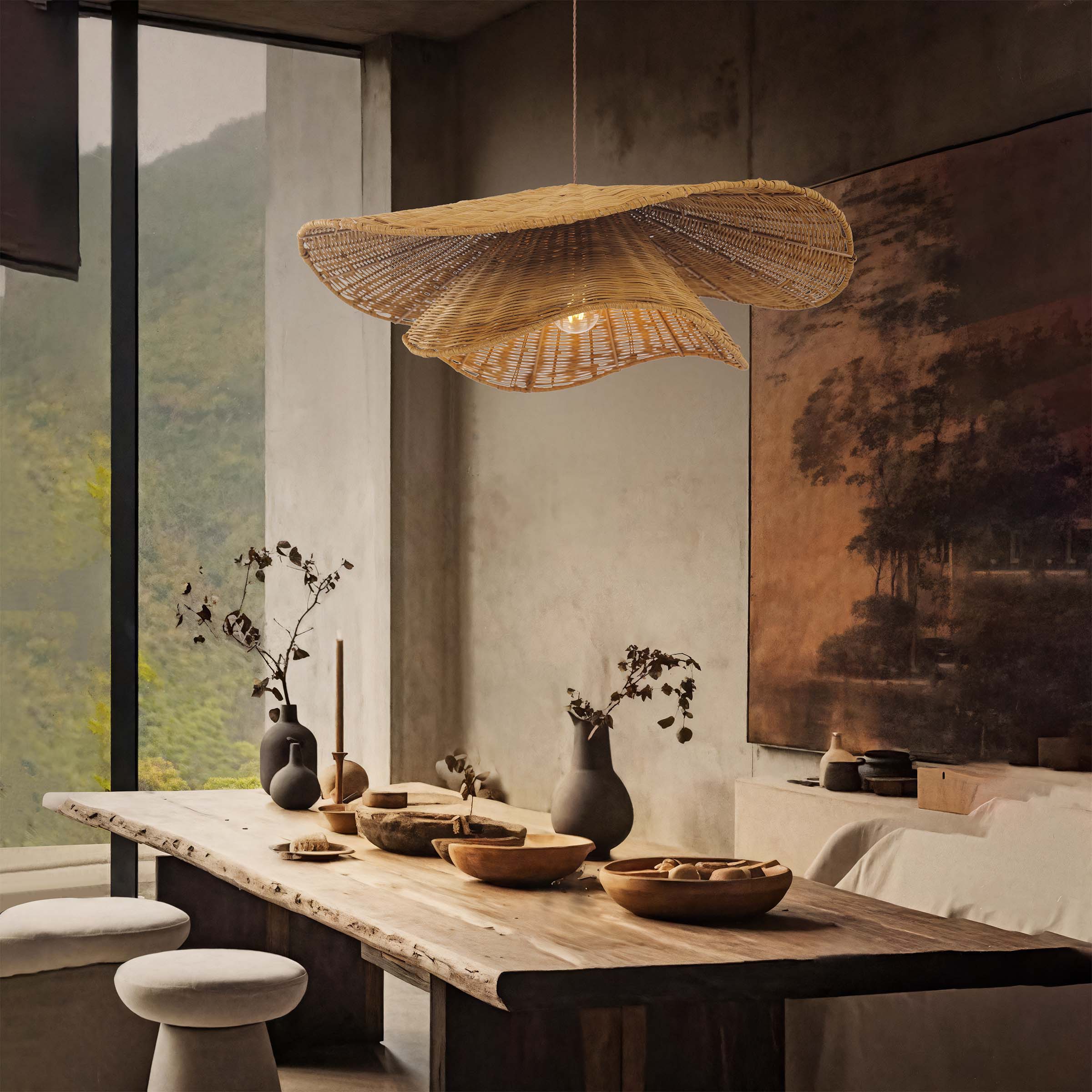 Organic Rattan Pendant Light – Woven Ceiling Light for Dining Room&Living Room